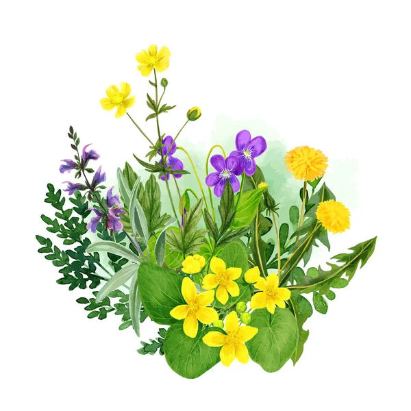 Wilde Feldblumen Strauß, gelbe und lila Farbtöne — Stockvektor
