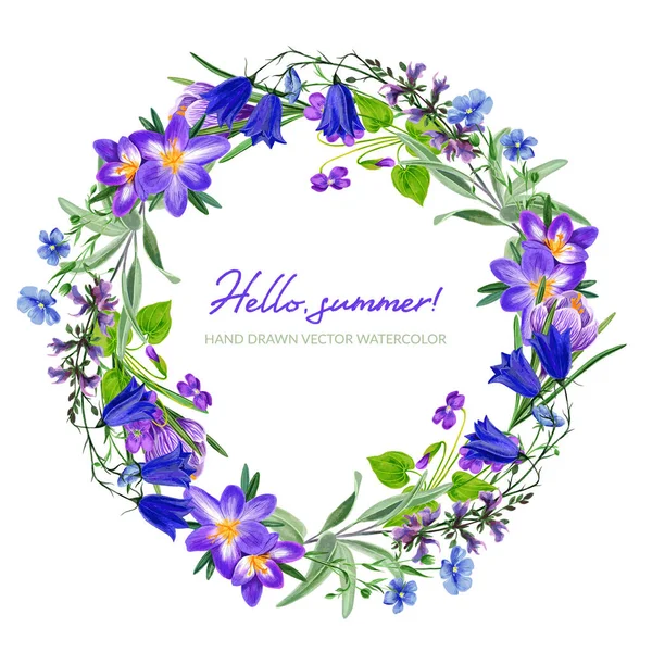 Veld violette bloemen krans met krokus, met de hand getekend — Stockvector