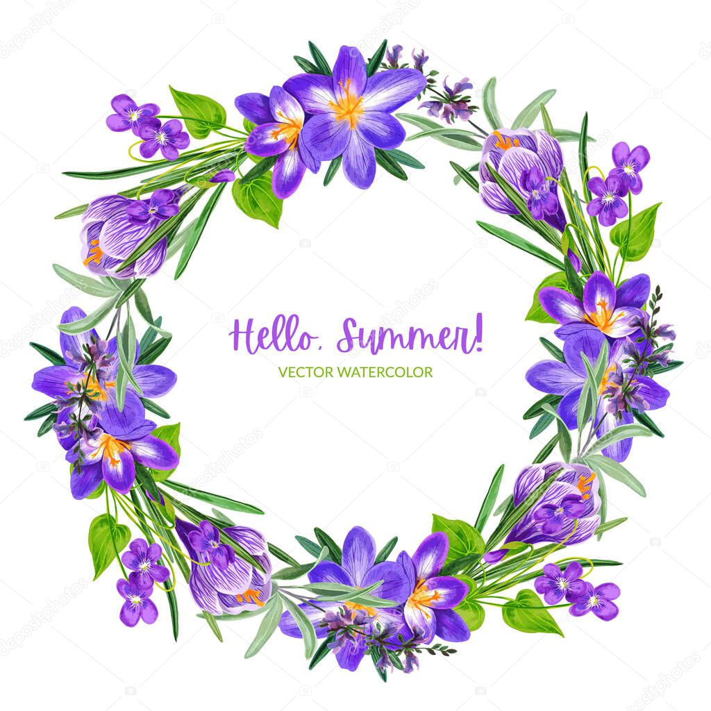 Field violet flowers wreath with crocus, hand drawn