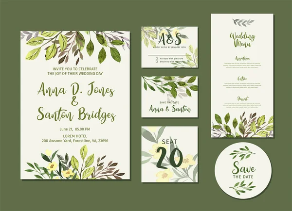 Watercolor greenery wedding stationary kit, invitation and menu — Stock Vector