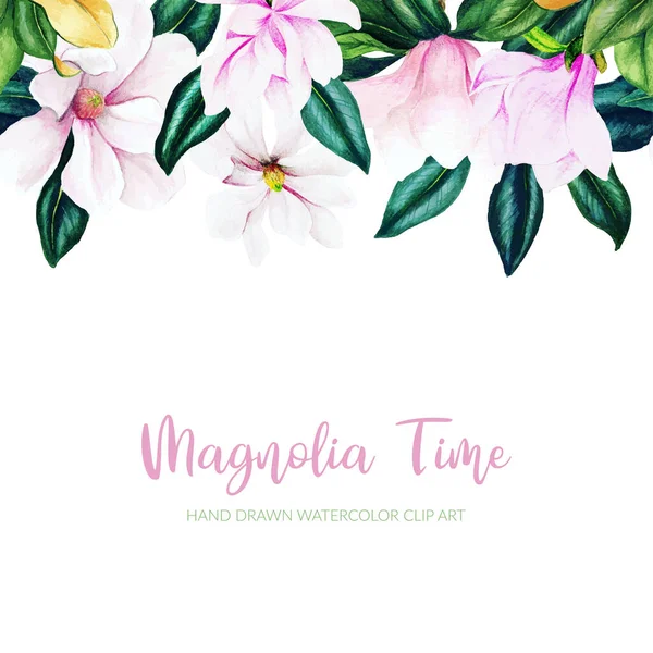 Watercolor magnolia header seamless border, hand drawn — Stock Vector