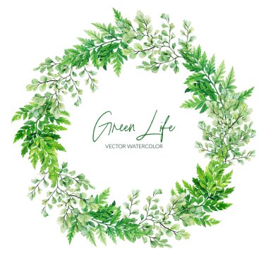 Green watercolor ferns wreath, hand drawn vector illustration clipart
