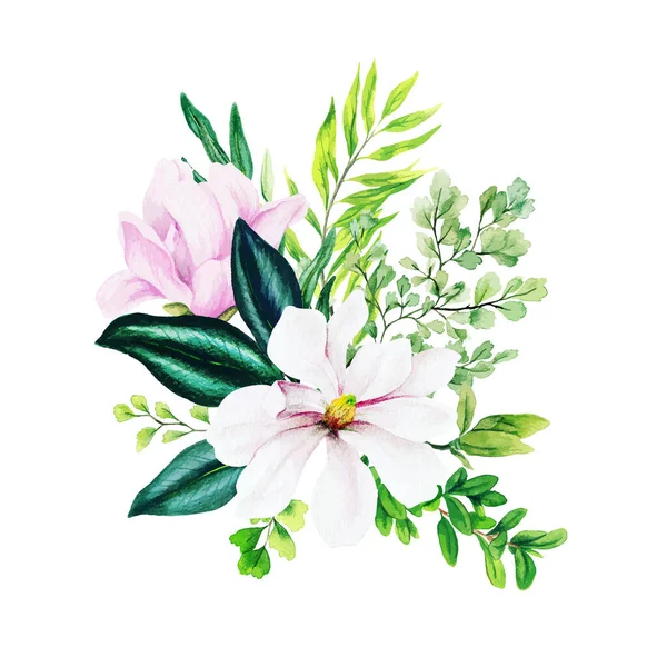 Magnolia y hojas, ramo de acuarela brillante con helecho — Vector de stock