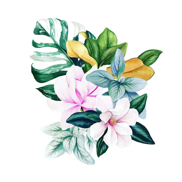 Magnolie und Blätter, helles Aquarell-Bouquet mit Monstera — Stockvektor