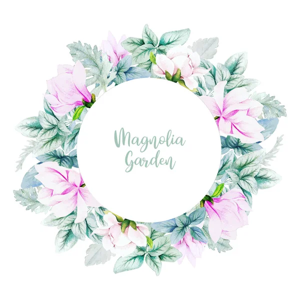 Round banner with watercolor magnolia flowers and leaves — Stock Vector