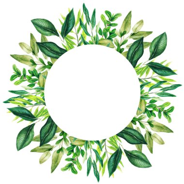 Elle çizilmiş suluboya yaprakları ve çiçek yapraklarıyla yuvarlak afiş.