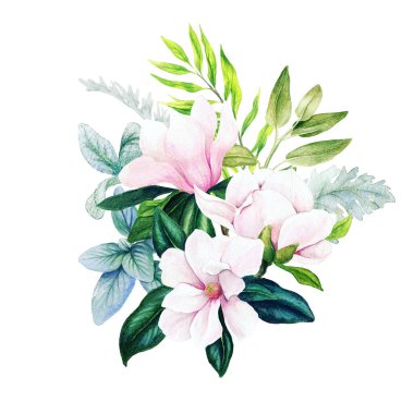 Manolya ve yapraklar, parlak suluboya buket, el yapımı.