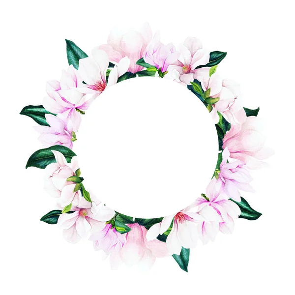 Round banner with watercolor magnolia flowers and leaves — Stock Photo, Image