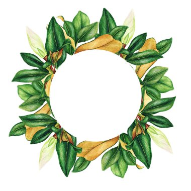 El yapımı suluboya, koyu yeşil yapraklı yuvarlak pankart.