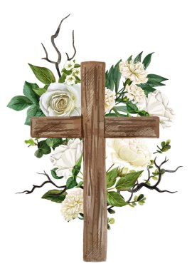 Beyaz gül ve yapraklarla süslenmiş Hristiyan ahşap haçı