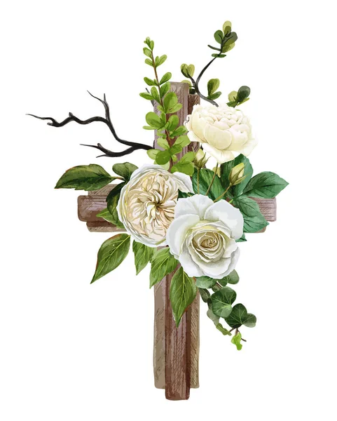 Cruz de madera cristiana decorada con rosas blancas y hojas — Vector de stock