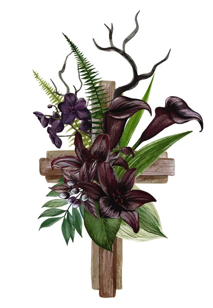 基督教木制十字架，饰有黑色百合花和红辣椒 — 图库矢量图片