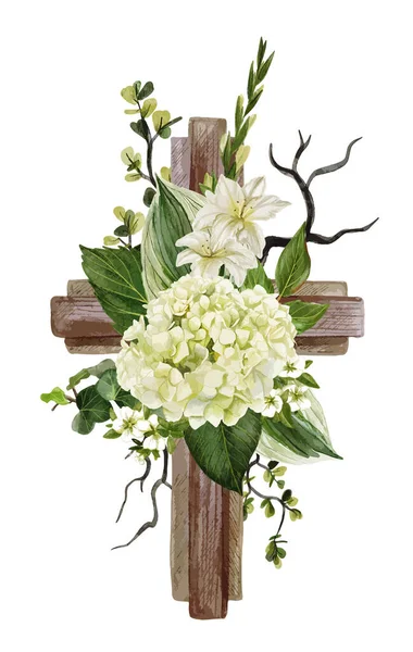 Chrześcijański drewniany krzyż ozdobiony białą hortensją i liśćmi — Wektor stockowy