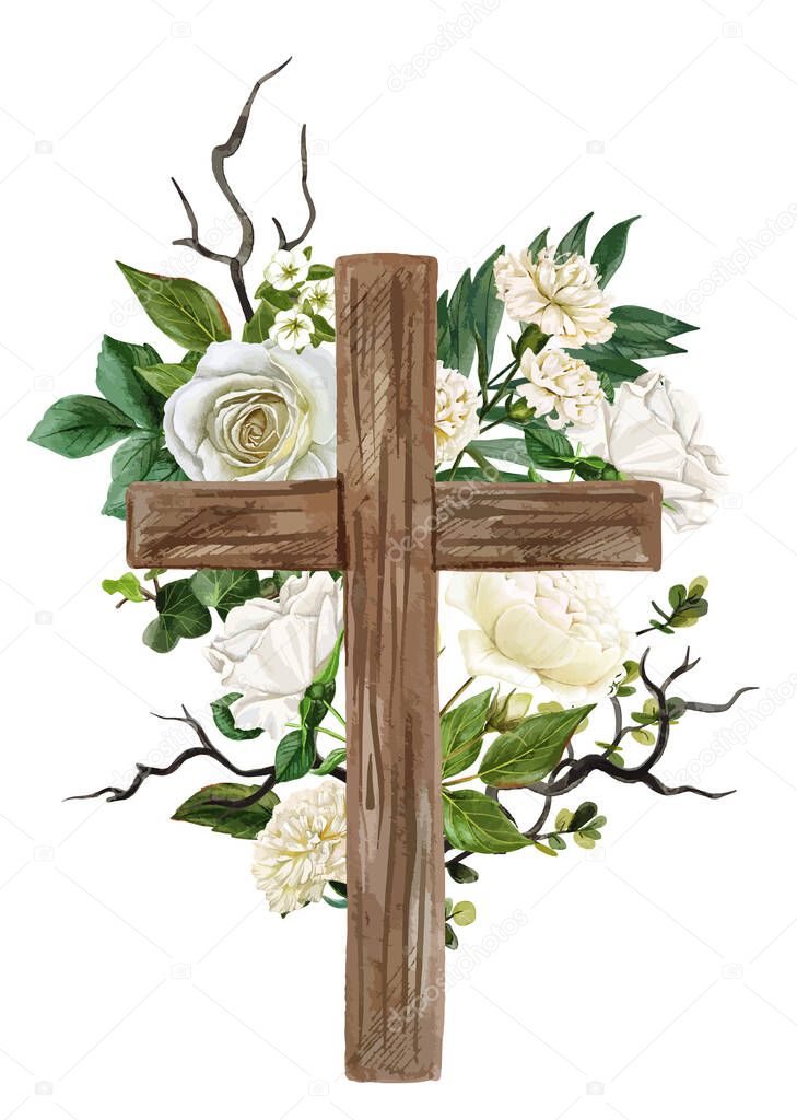 Christian wooden cross decorated with white roses and leaves