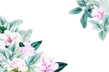 Suluboya bitkiler ve çiçekler, parlak renkler, köşeli çerçeve