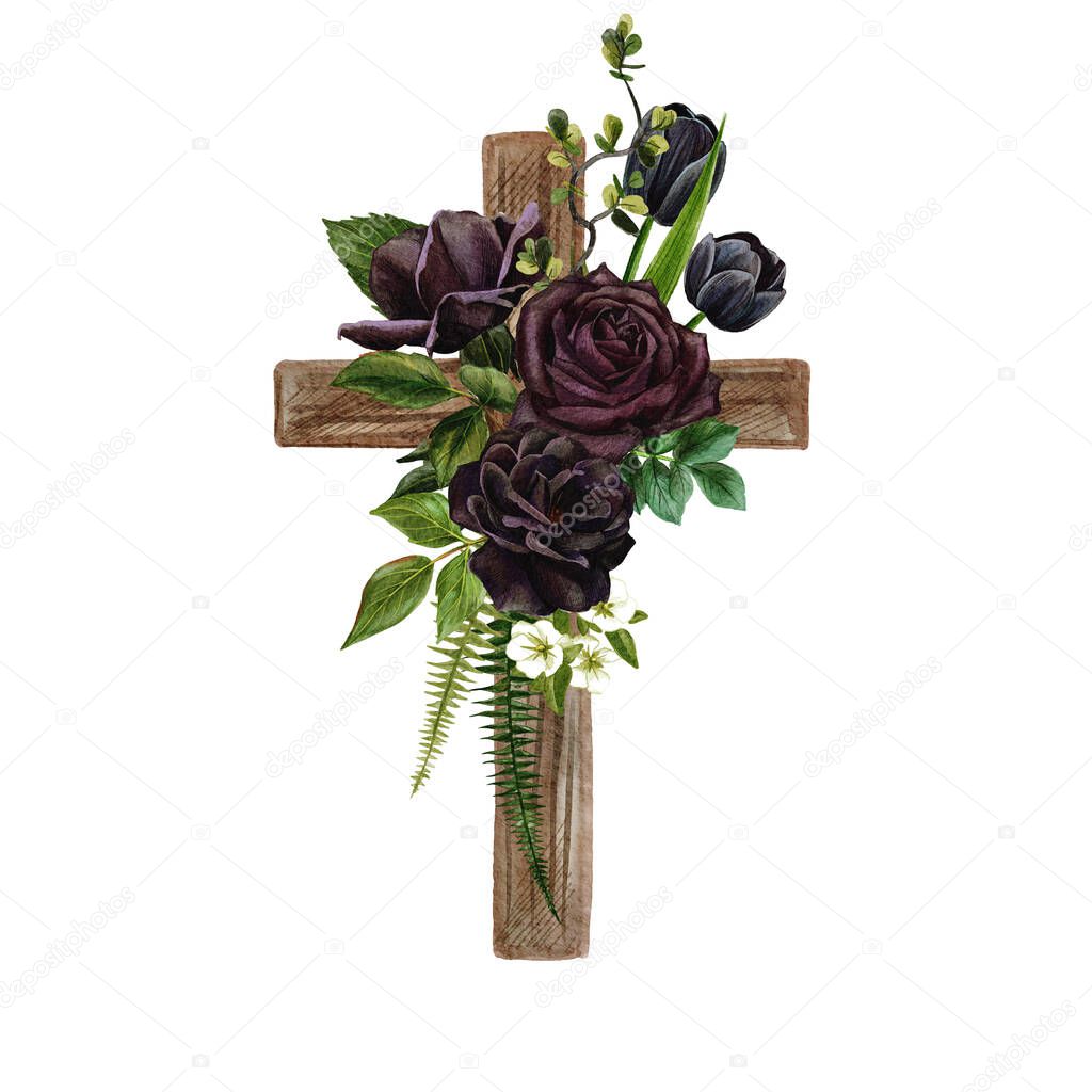 Christian wooden cross decorated with flowers and leaves