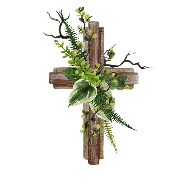 Çiçek ve yapraklarla süslenmiş Hristiyan ahşap haçı — Stok fotoğraf