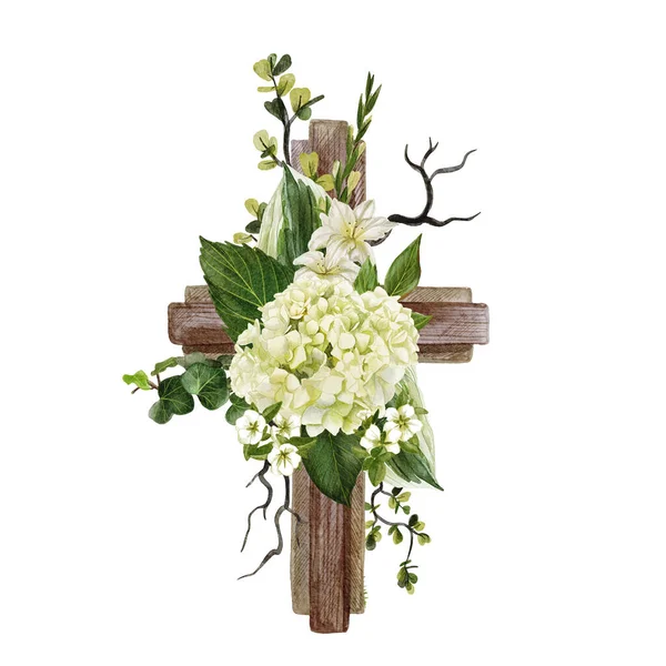 Cruz cristiana de madera decorada con flores y hojas — Foto de Stock