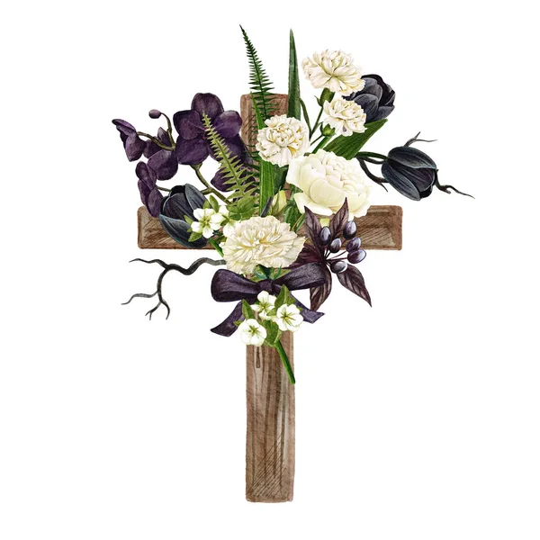 Křesťanský dřevěný kříž zdobený květinami a listy — Stock fotografie