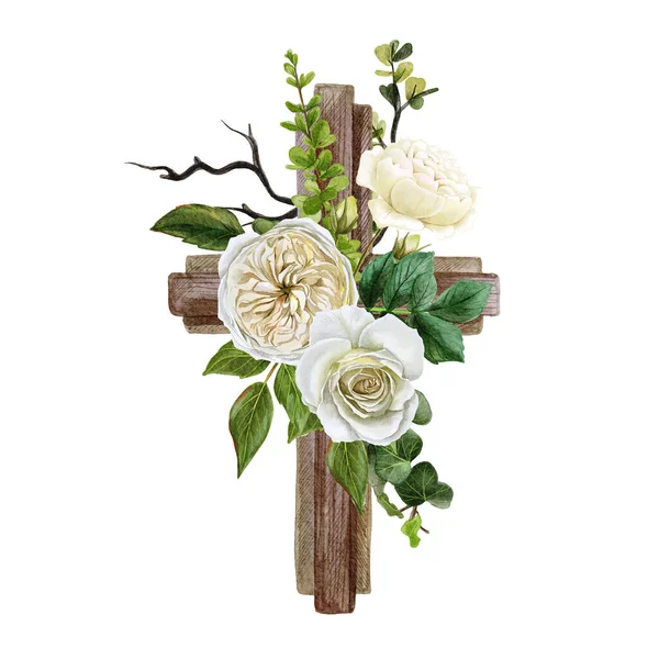 Cruz cristiana de madera decorada con flores y hojas —  Fotos de Stock