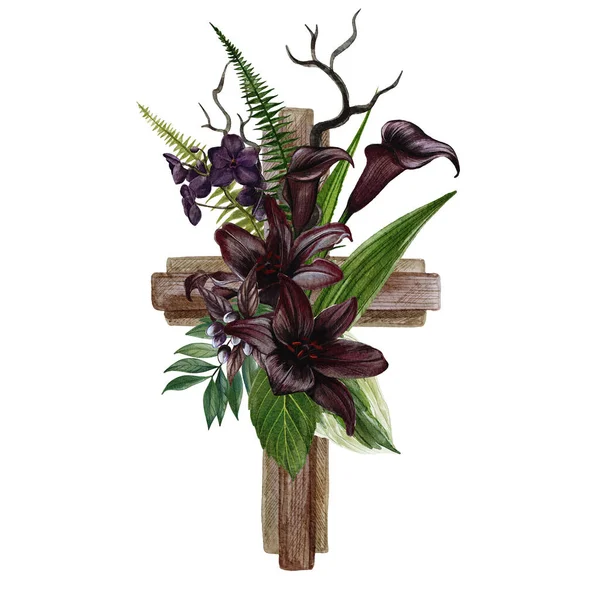 Croce cristiana in legno decorata con fiori e foglie — Foto Stock