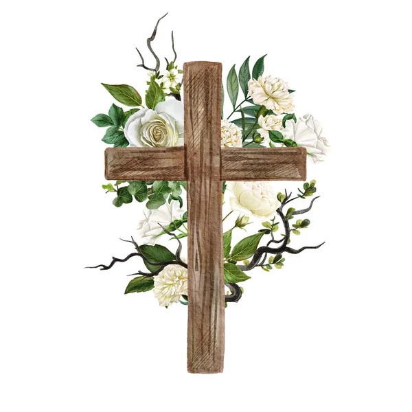 Cruz cristiana de madera decorada con flores y hojas — Foto de Stock