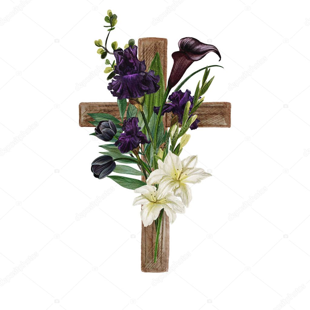 Christian wooden cross decorated with flowers and leaves