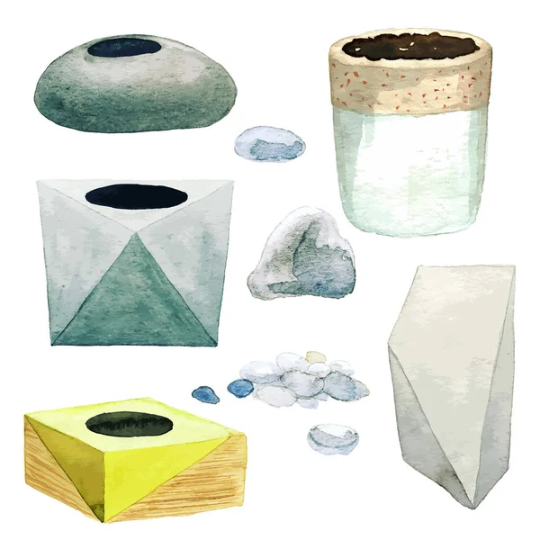 Collezione di vasi di piante moderne, tazze decorative e ciottoli — Vettoriale Stock
