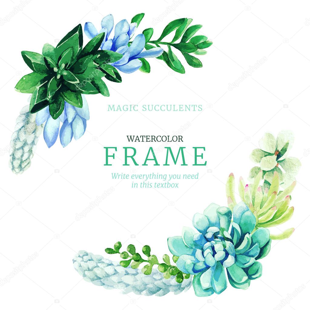 Watercolor wreath frame composed of bright full color succulents