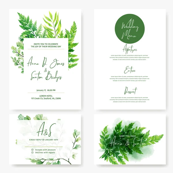 Svatební karty sada, divoké akvarel zelené kapradiny — Stockový vektor