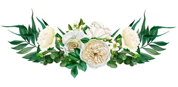 Beyaz çiçekler simetrik buket, güller ve yapraklar — Stok fotoğraf