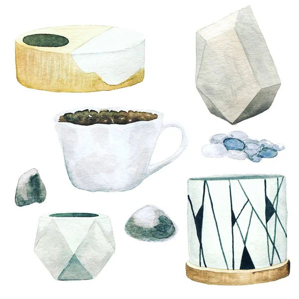 現代の植物ポット、装飾用のマグカップや小石のコレクション — ストック写真