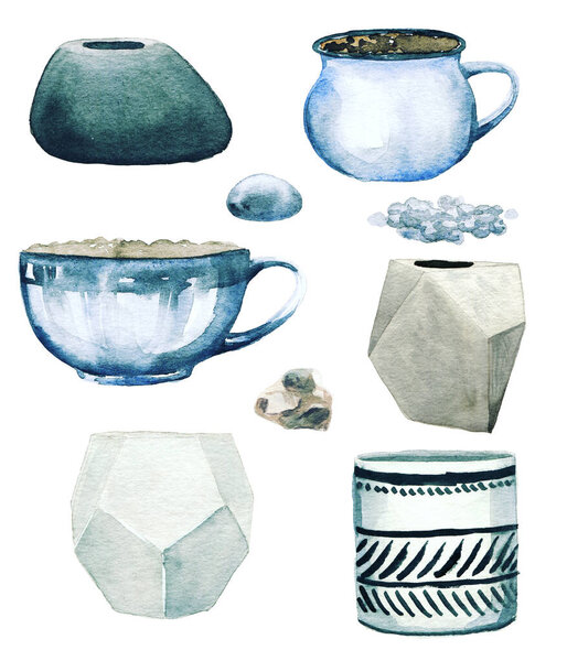Collection of modern plant pots, decorative mugs and pebbles