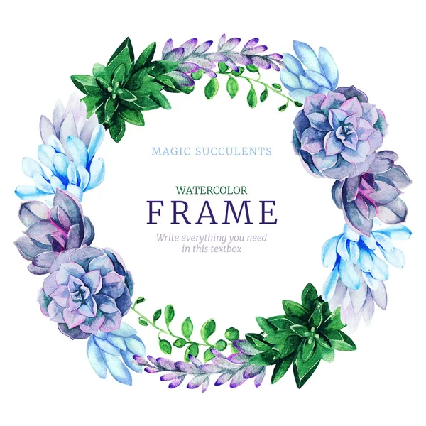 Watercolor wreath frame composed of bright full color succulent — Stock Photo, Image