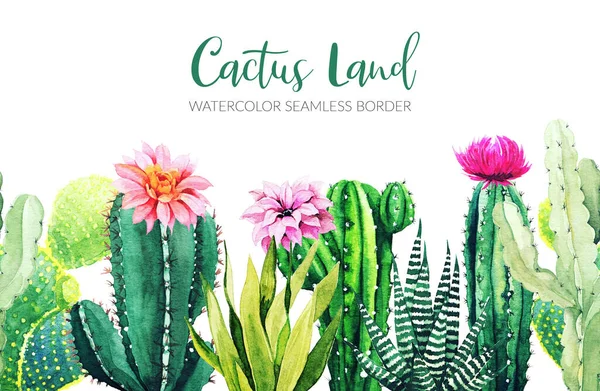 Borde sin costura compuesto de plantas de cactus acuarela — Foto de Stock