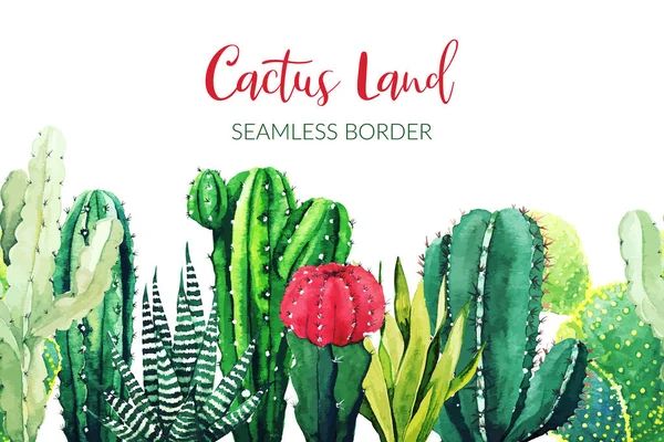 Borde sin costura compuesto de plantas de cactus acuarela — Vector de stock