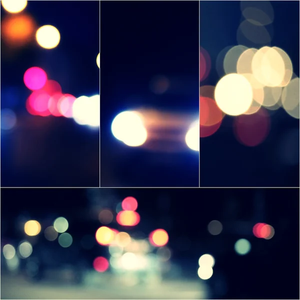 Night city street lights bokeh background collage of toned images — Stock Photo, Image