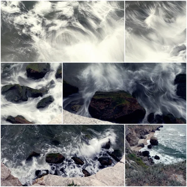 Onde colpito la roccia movimento sfocato collage di immagini colorate toniche — Foto Stock