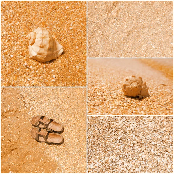 a collage of toned pictures of many beach items - flip-flops, shells,sand, sea water