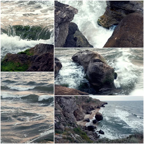 Ondas atingiu a colagem movimento desfocado rocha de imagens coloridas tonificadas. Cena noturna dramática — Fotografia de Stock