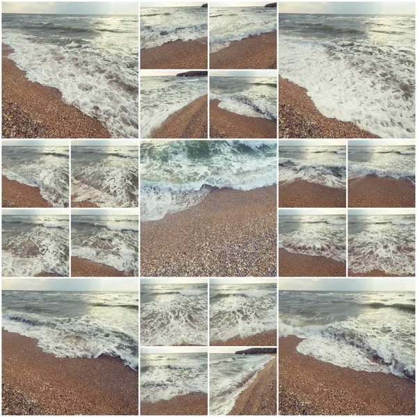 Ondas de oceano em Sandy Beach. Contexto. Foco seletivo. Colagem de muitas fotos colorido estilo instagram — Fotografia de Stock