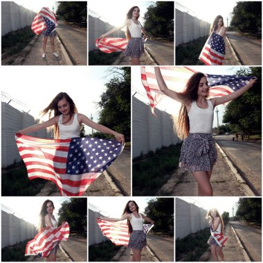 Amerikan bayrağı parkta tutan güzel genç kadın. Bizi yıldız ve gülümseyen ve kameraya bakarak çizgileri tutan rahat sokak moda modeli. Kolaj tonlu görüntülerin.