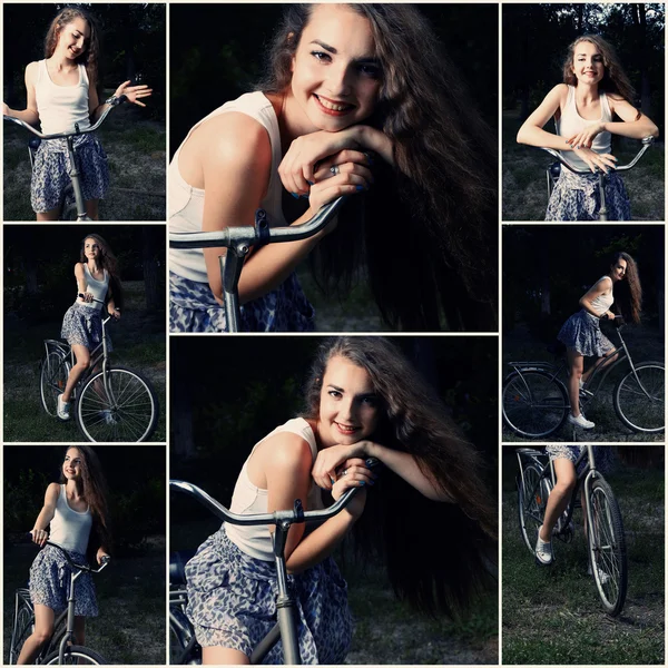 Menina sorridente bonita está posando na bicicleta no parque colagem de imagens tonificadas — Fotografia de Stock