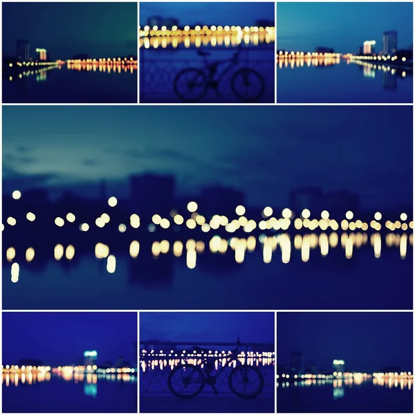 Краткое описание Collage of Beautiful Defocused City Lights, Blurred View of City Skyline and Reflection at Sunset — стоковое фото