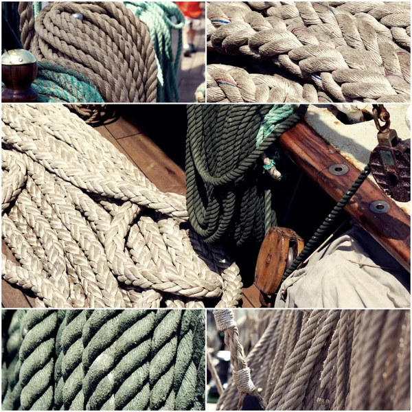 Concetto di barca a vela. Vela barca corde collage set di immagini tonica, colore vintage — Foto Stock