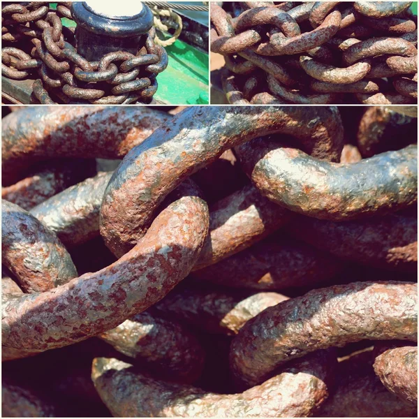 Old rusty pier chain link closeup collage of photos — Stock Photo, Image