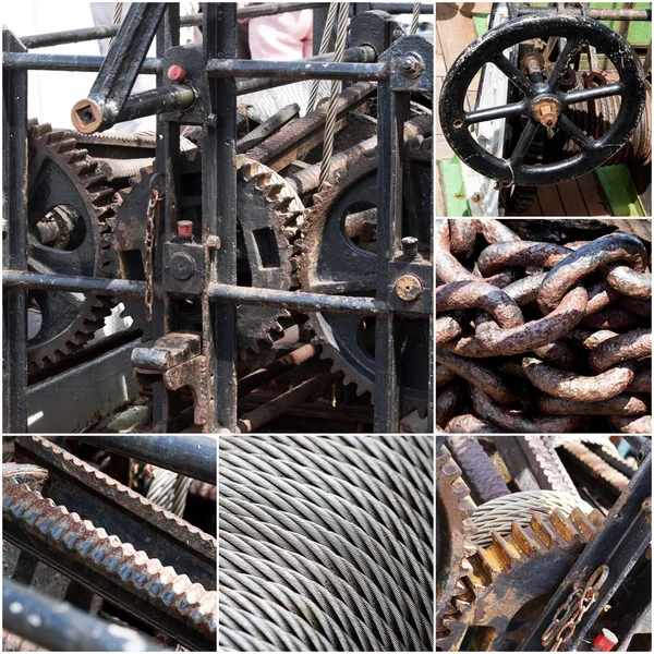 Rusty machinery, chains, steel wire rope collage of photos. Vintage color tone — Stock Photo, Image
