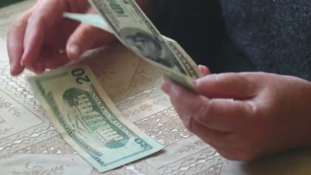 Seniorin beim Zählen von Dollarnoten, Nahaufnahme. — Stockvideo