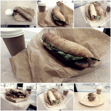 Türkiye, ricotta ve tablo fotoğrafları kolaj bir tonda üzerinde kavrulmuş dolmalık biber ile paket servisi olan restoran kahve ve kahvaltı sandviç