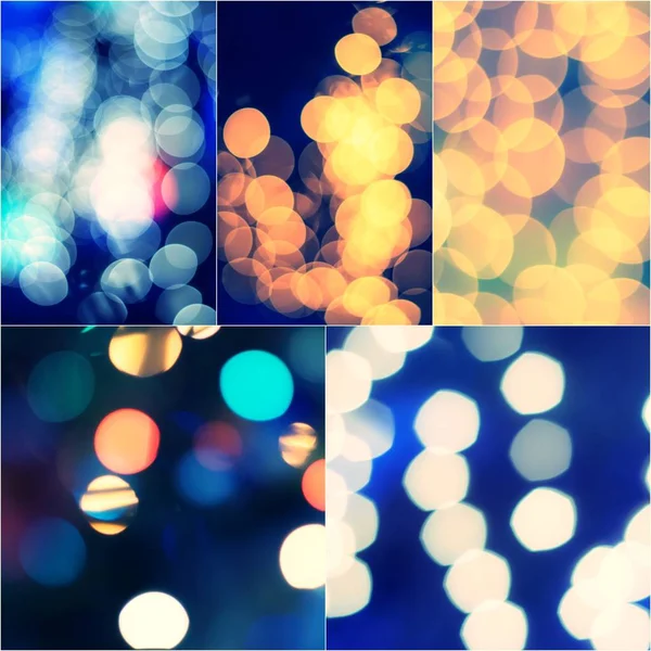 Luzes Decoração Azul e Amarelo Desfocado Evento Festival ao ar livre Vintage tonificado Bokeh Collage conjunto de imagens coloridas — Fotografia de Stock